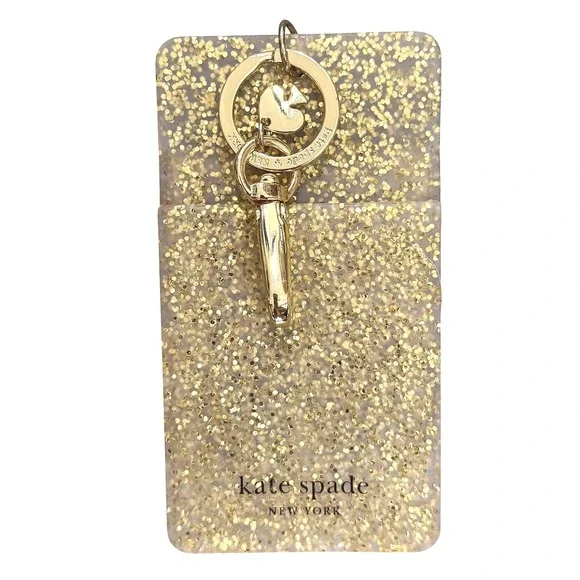 NWOT Kate Spade ID Badge Holder Keychain Gold Glitter Silicone Clip - Picture 2 of 3